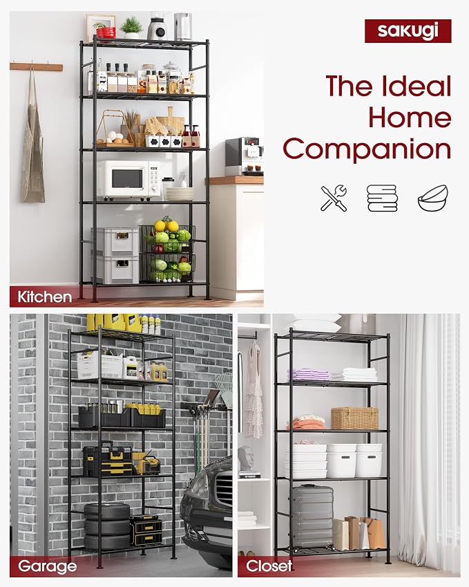 Sakugi Storage Shelves - 5 Tier Shelf Organizer, Heavy Duty Garage Shelving Unit with Leveling Feet, Stable Metal Shelves Organizer for Pantry, Kitchen and Closet, 33.0" W x 12.6" D x 72.0" H, Black - Image 4