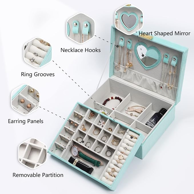 Dajasan Jewelry Boxes for Women Girls, Jewelry Organizer Box, 2-Layer Large Velvet Jewelry Box for Rings Necklaces Bracelets Watch Earring (Green) - Image 5
