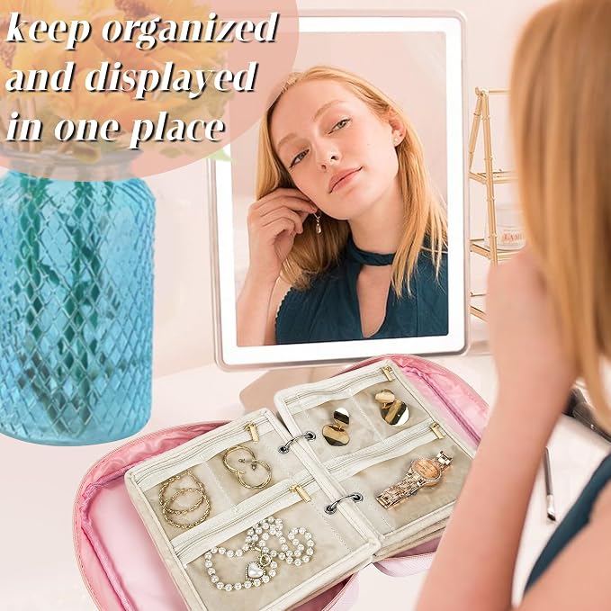Travel Jewelry Organizer Case,Small Jewelry Bags Jewelry Storage Book Binder with Clear Zipper Velvet Pouch for Traveling,Earrings, Rings, Necklace, Bracelet (Pink) - Image 5
