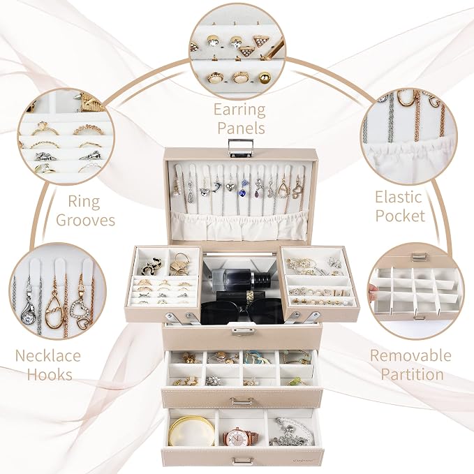 Dajasan Jewelry Organizer Box, Large Jewelry Boxes for Women Girls, Space-Saving 4 Layers Jewelry Storage Case with Drawer, Movable Metal Stand, Modern, Gift Idea (Champagne + Silver) - Image 4