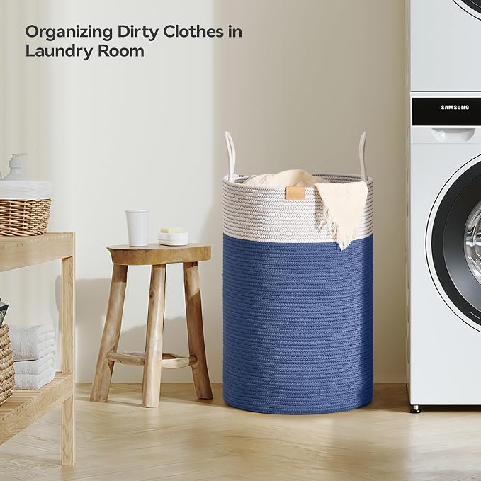 Nunsino Laundry Hamper 75L,Large Laundry Basket for Clothes,Decorative Storage Basket for Blankets,Cotton Rope Woven basket for bedroom,Navy Blue - Image 3