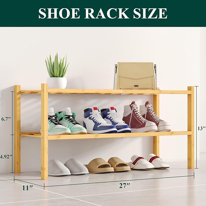 Smiry Shoe Rack, 2 Tier Bamboo Shoe Organizer, Stackable Free Standing Wooden Shoe Storage Shelf for Closet, Entryway, Front Door Entrance, Natural - Image 2