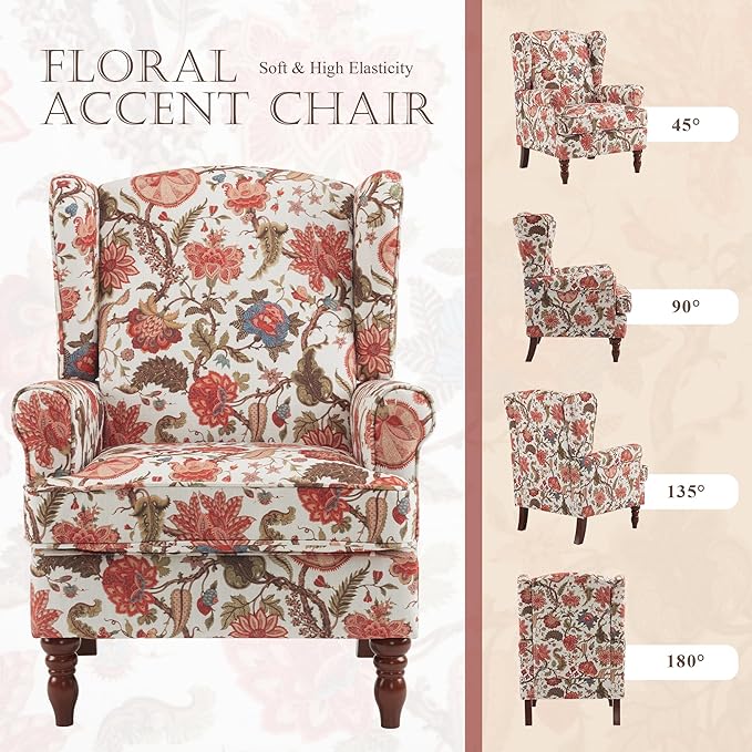 MELLCOM Floral Accent Chair, High Back Upholstered Armchair with Solid Legs, Leisure Single Sofa Chair for Living Room, Bedroom, Home Office, Red Floral