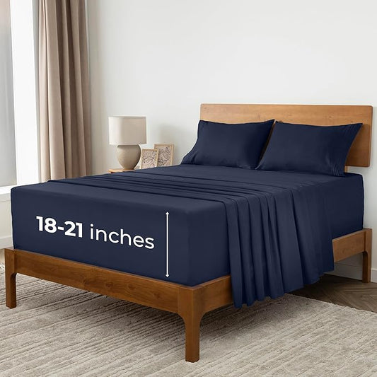 Mellanni Extra Deep California King Sheets - 4 PC Iconic Collection Bedding - Hotel Luxury, Ultra Soft, Cooling Bed Sheets - Wrinkle, Fade, Stain Resistant (Cal King, Navy Blue)