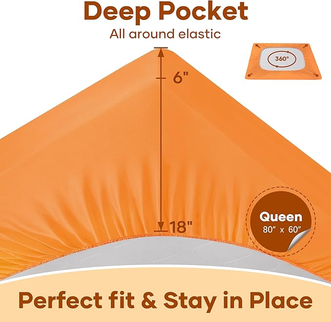 OhGeni 100% Waterproof Mattress Protector, Queen Size Orange, Fitted Sheet with Deep Pockets, 6''-18'', Premium Noiseless Breathable Soft Material, Mattresses Cover for Bed