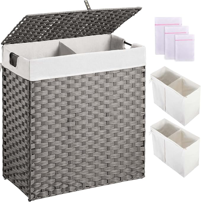 Greenstell Laundry Hamper with lid, No Install Needed, 110L Wicker Laundry Baskets Foldable 2 Removable Liner Bags, 2 Section Clothes Hamper Handwoven Rattan Laundry Basket with Handles, Gray by Greenstell