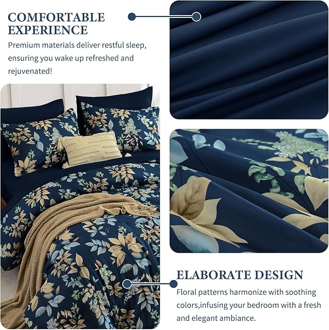 Cottolester Navy Blue Comforter Set Queen Size Floral 7-Piece Bedding Set,Botanical Comforter Set with Pillowcases,Soft Microfiber Complete Bedding Sets for All Season