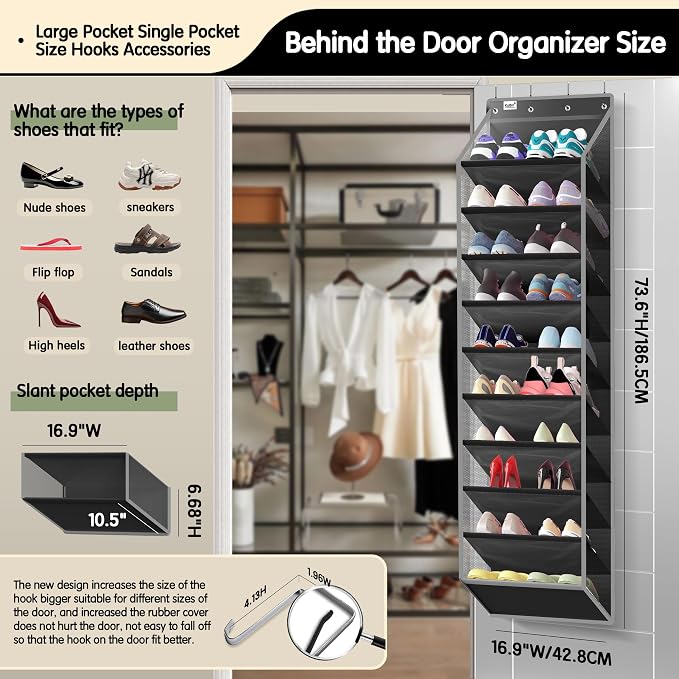 Kotkn 10 Tier Over The Door Organizer - Heavy Duty Hanging Storage Rack with Sturdy Oxford Fabric, Holds 20+ Pairs of Footwear, Boots & Sneakers, Saves 50% Closet Space (Black) - Image 2