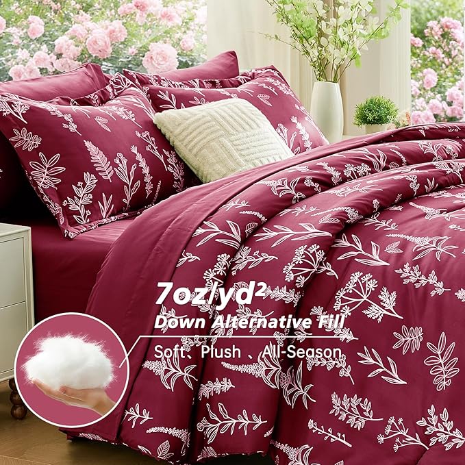 MUXHOMO Burgundy Full Comforter Set, Elegant Floral Print Bed in a Bag 7 Pieces, Ultra Soft & Breathable Reversible Botanical Pattern Bedding Set with Comforter, Sheets, Pillowcases, and Shams