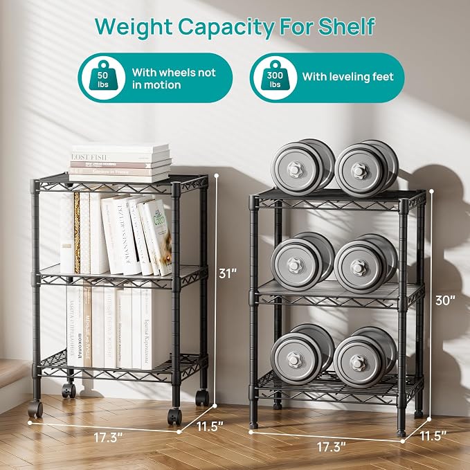 SINGAYE 3 Small Shelves Storage Shelf Wire Shelving Unit Metal Shelf Adjustable Organizers Storage Shelving with Wheels for Bathroom Laundry Room Kitchen Pantry11.5”D x 17.3”W x 30”H Black - Image 3