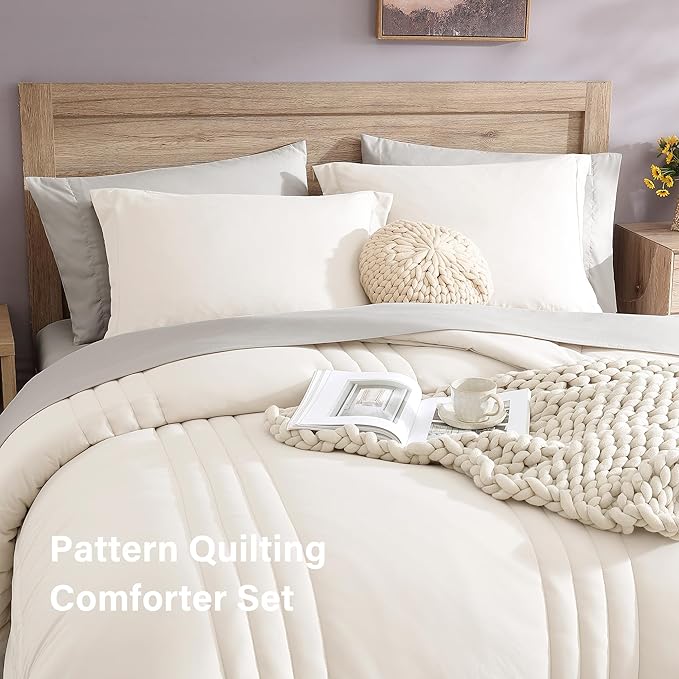 Monbix California King Size Comforter Set - 7 Pieces Bed in a Bag California King, White Bedding Sets with Comforter, All Seasons Comforter Bed Set with Sheets, Pillowcases & Shams