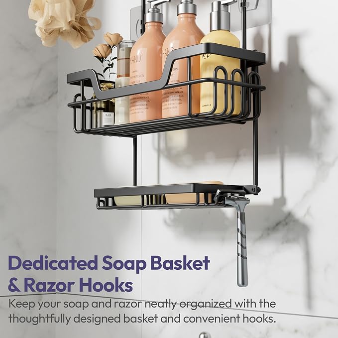 SWTYMIKI Bathroom Shower Caddy Hanging - 3 Tier Rustproof Over Shower Head Organizer, No Drilling Bathroom Shelf with 16 Hooks & Soap Holder, Anti-Swing Rack for Shampoo,Sponge,Towel, Black, Large - Image 5
