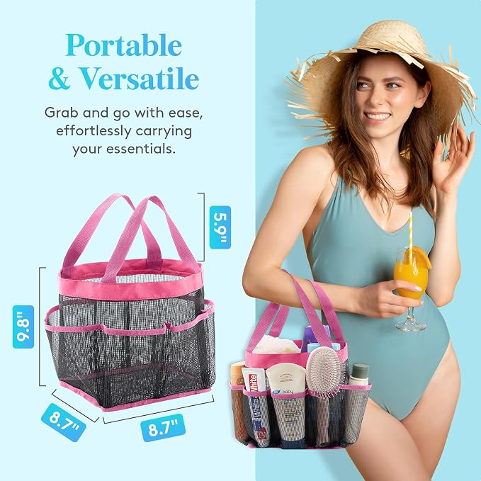 Lifewit Mesh Shower Caddy Portable for College Dorm Room Essentials with 7 Pockets, Freestanding Hanging Organizer Basket, Quick Dry Tote Bag for Camping, Bathroom, Beach, Travel, 1 Pack, Pink - Image 2