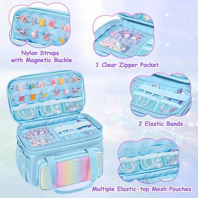 GRAOSO Double Layer Jewelry Organizer Storage for Kids Girls, Travel Jewelry Case Bag, Portable Jewelry Box with Handle and Detachable Shoulder Strap for Necklaces, Earrings, Rings, Blue (Case Only) - Image 2