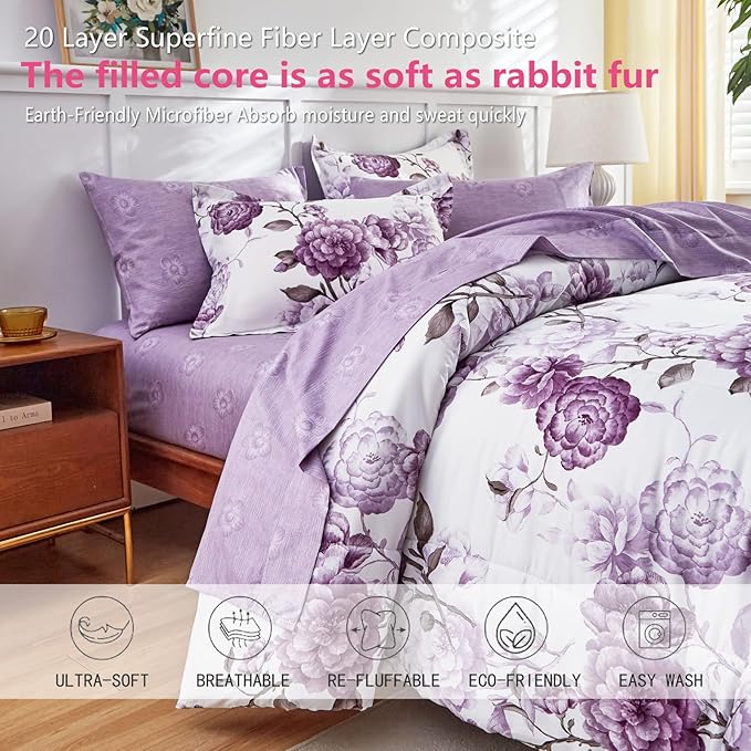 AIKASY 6-Piece Twin Size Bed in a Bag Comforter Set - Thistle Purple Floral Ensemble with Reversible Botanical Flowers Comforter, Sheets, Pillowcases & Shams
