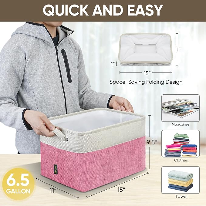 BALEINE 2 Pack Fabric Closet Storage Bins for Shelves, Linen Closet Organizers and Storage, Decorative Baskets for Organizing, Shelf, Clothes, Home, Office (Pink, 15''x11''x9.5'') - Image 7