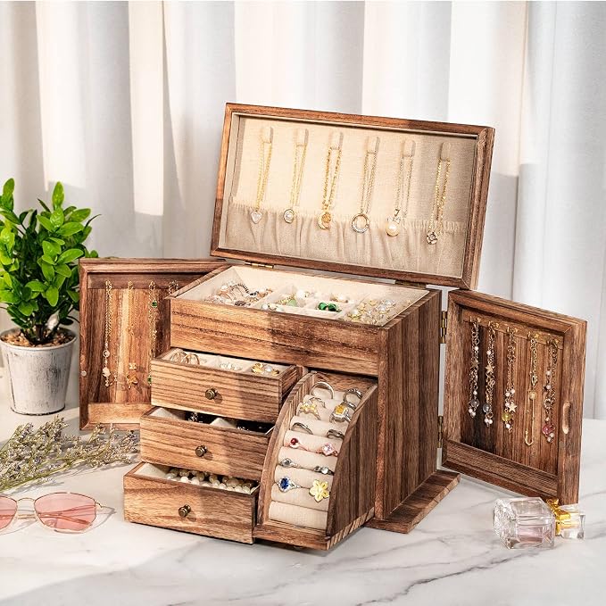 Poyilooo Jewelry Box Organizer, Solid Wood Jewelry Boxes for Women for Storage & Display Necklace Ring Earring Bracelet, Rustic Style Jewelry Organizer Box for Women Gifts (Carbonized Brown) - Image 6