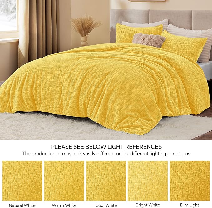 Flannel Fleece Queen Comforter Set - Furry Yellow Leaves Pattern Faux Fur Bed Set, Winter Ultra Soft Fuzzy Comfort Set, Velvet Bedding Set for Bed with 2 Pillow Cases