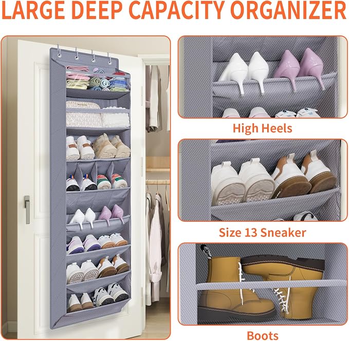FENTEC 1 Pack Over The Door Shoe Organizer,68" Exlarge Deep Pockets Hanging Shoe Organizers, 8 Shelves Shoe Rack for Closet, Shoe Holder for Boots,Over Door Organizer in Home, RV, Dorm, Grey - Image 2