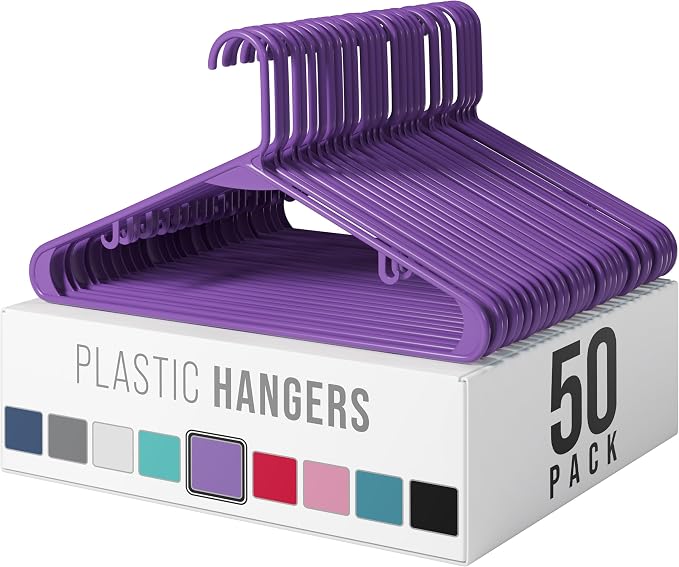 Plastic Hangers 50 Pack Purple - Clothes Hangers - Makes The Perfect Coat Hanger and General Space Saving Hangers for Closet and New Apartment Essentials - Percheros Ganchos para Colgar Ropa Hangars by Neaterize