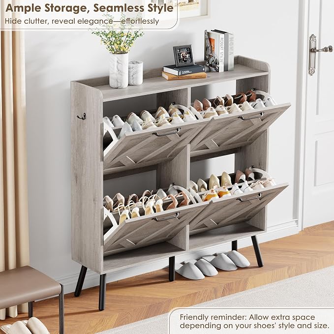 Nicetree Shoe Cabinet with 4 Flip Drawers, Freestanding Shoe Organizer Cabinet, Farmhouse Narrow Shoe Storage Cabinet for Entryway, Foyer, Hallway, Gray - Image 5