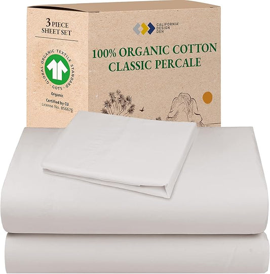California Design Den Extra Long Twin Sheets Set - 100% Organic Cotton Bed Sheets, Crisp Percale, Deep Pockets, Breathable and Durable Bedding Set - Stone (True Beige)