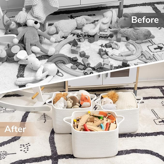 Goodpick White Woven Rope Basket with Handles, Medium Rectangle Basket for Books, Toys, Towels, Square Decorative Baskets for Living Room, Nursery, Shelf Baskets for Bedroom, 13" x 10" x 9" - Image 7