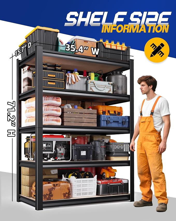 Set of 4 Garage Shelving Heavy Duty Storage Shelves, Adjustable Metal Shelving Unit, Utility Garage Organizer Shelf for Basement, Pantry, Kitchen, Warehouse,15.7" D x 35.4" W x 71.2" H, Black - Image 3