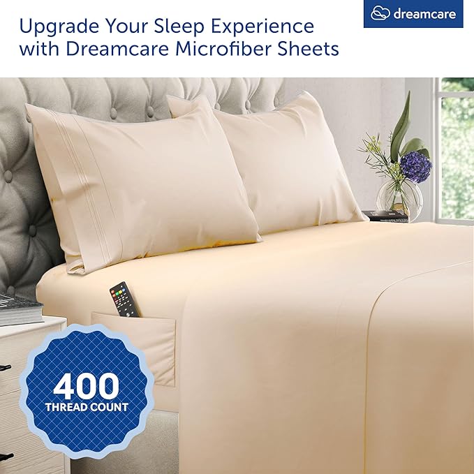 DREAMCARE King Size Sheets Set - Cooling Bed Sheets - 4pcs Set - up to 15" Deep Pocket King Sheet Set – Soft & Long Lasting Cooling - 100% Fine Brushed Polyester with Side Pocket, Wheat