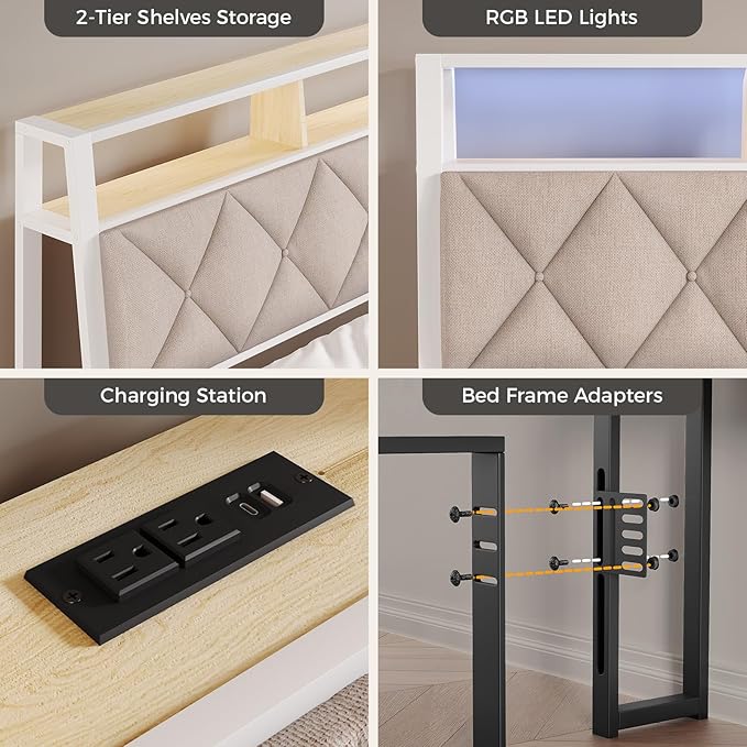 Full Headboard Only, Headboard for Full Size Bed with Storage, Upholstered Headboards with LED Lights & Charging Station, Attach Frame, Ideal for Bedroom/Dorm/Guest Room, White & Beige