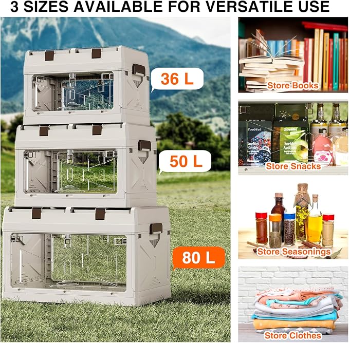 Closet Organizer and Storage Box, Large Essential Collapsible Plastic Car Trunk Container with Clear Lids and Doors, Open Front Multifunctional Stackable Bin for Bedroom, Dorm Room, Craft 80 L - Image 6