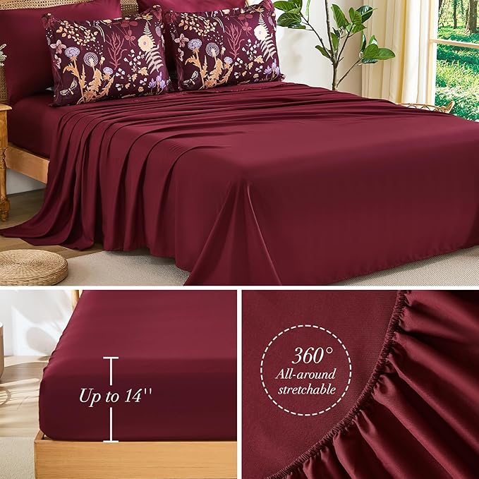 Yiran Queen Comforter Set 7 Piece, Burgundy Floral Bedding Set, Bed in a Bag Queen Size with Botanical Flowers Spring, Soft Lightweight Dark Red Comforters with Sheets Complete for All Season