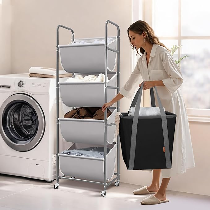 STORAGE MANIAC Vertical Rolling Laundry Hamper, 4 Section Laundry Sorter with Wheels and 2 Breaks, 4-tier Laundry Baskets for Small Space, Dorm, Laundry Room, Closet, Bathroom, Gray 4-tier - Image 2
