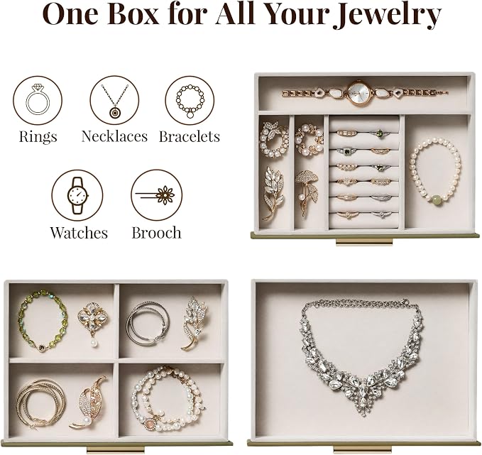 Jewelry Box Organizer Case for Women: 3-Layer Jewelry Storage Case with Glass Window, Olive Green Leather with Cream Velvet, Holder for Ring Necklace Bracelet Brooch Watch, Great Gift for Her - Image 2
