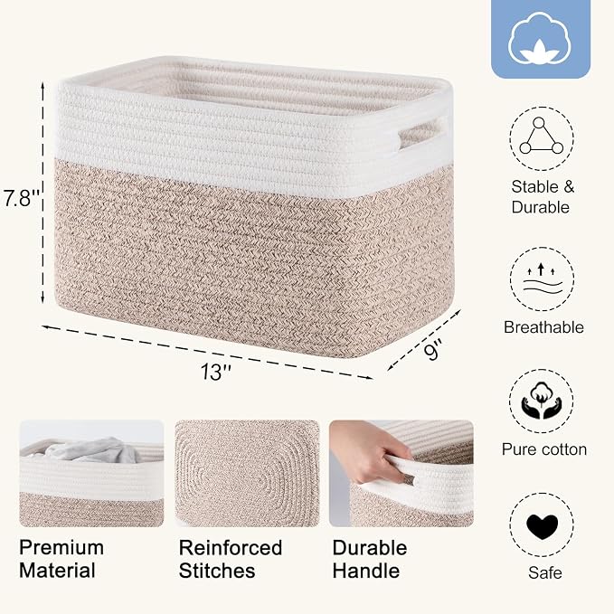 4 Pack Storage Baskets for Organizing, Woven Baskets for Shelves - Perfect for Toys, Books, Towels, and Clothes, Durable Gift Basket Bins Toy Storage, 12.7''Lx9''Wx7.8''H, Brown & White - Image 3