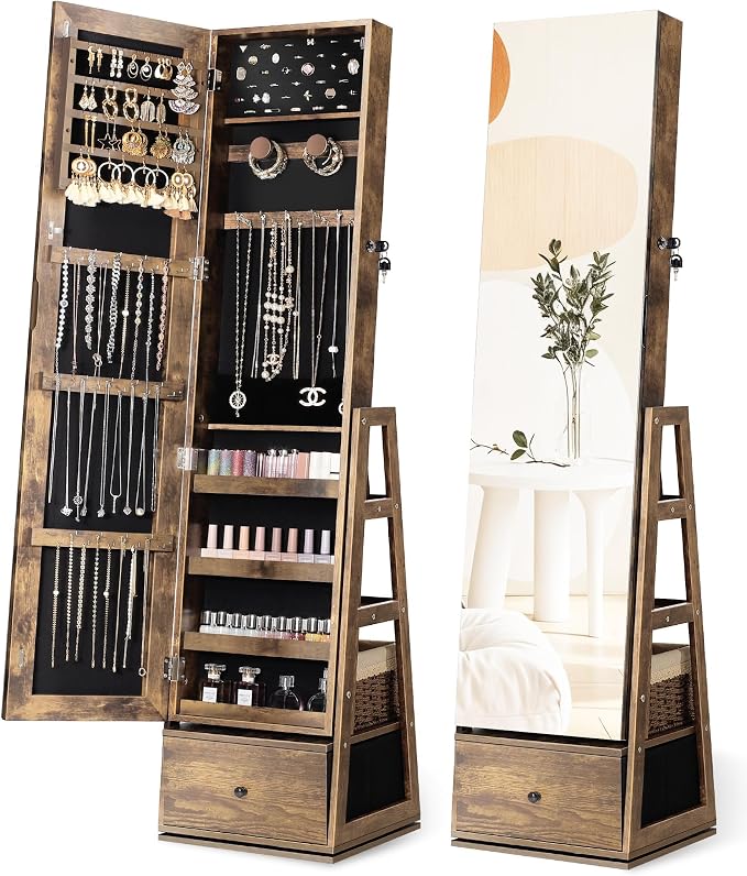 Nicetree 360°Swivel Jewelry Cabinet, Rotatable Full Length Mirror with Jewelry Storage, Standing Jewelry Armoire Organizer, Lockable Jewelry Organizer with 3 Rear Shelves, Bottom Drawer, Rustic Brown by Nicetree