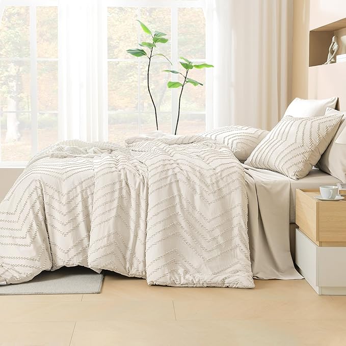 Litanika Full Size Comforter Set with Sheets Beige - 7 Pieces Bed in a Bag Full Boho Tufted Complete Bedding Sets with Comforter, Sheets, Pillowcases & Shams