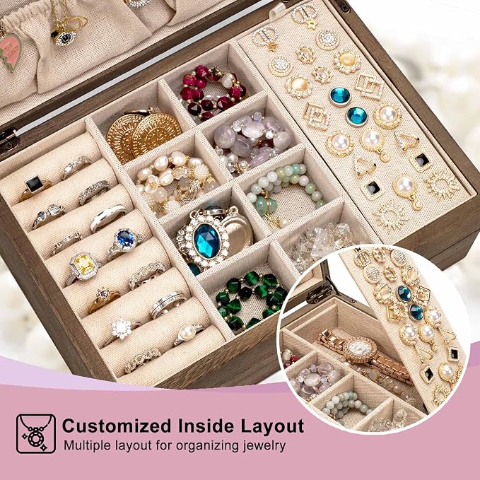 Pinzoveco Jewelry Box for Women, Rustic Wooden Jewelry Organizer Box for Storage Earrings Rings Necklace Bracelet, Farmhouse Style Wood Jewelry Boxes & Organizers (Gray) - Image 3