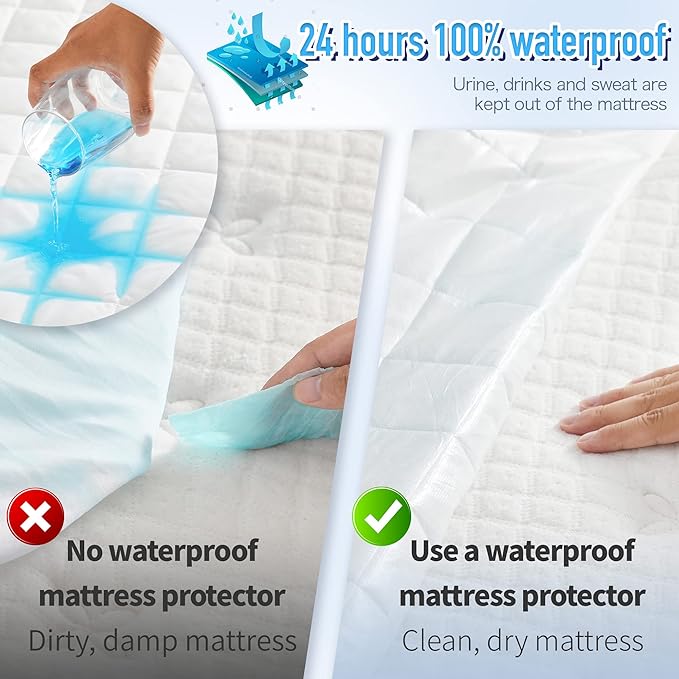 HYLEORY Twin Size Waterproof Mattress Pad Protector, Breathable Quilted Mattress Cover Noiseless Waterproof Fitted Sheet Mattress Topper Upto 21" Deep Pocket, White