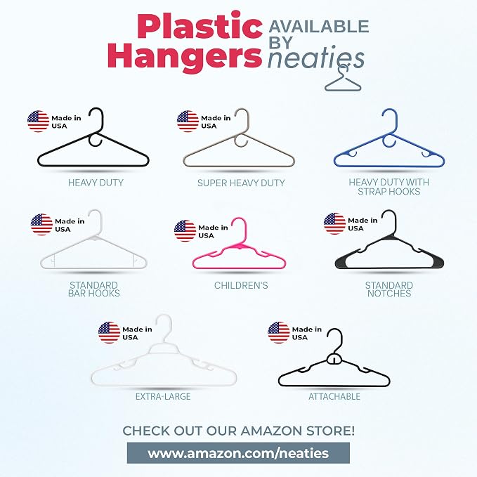 Neaties Plastic Hangers 45 Pack - Made in the USA - 6lb Capacity Standard Clothes Hangers with Strap Hooks for Dresses, Lingerie, Shirts, Pants, and Jackets - White & Blue - Image 7