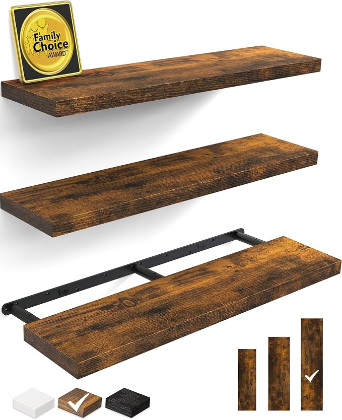 BAYKA Floating Shelves for Wall, Set of 3, 36 Inches Wall Mounted Wood Shelves for Bathroom, Bedroom, Living Room or Kitchen, Hanging Shelf for Books/Storage/Decor with 30lbs Capacity, Rustic Brown by Bayka