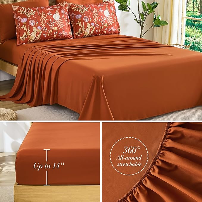 Yiran Queen Comforter Set 7 Piece,Burnt Orange Floral Bedding Set, Bed in a Bag Queen Size with Botanical Flowers Spring, Soft Lightweight Terracotta Comforters with Sheets Complete for All Season