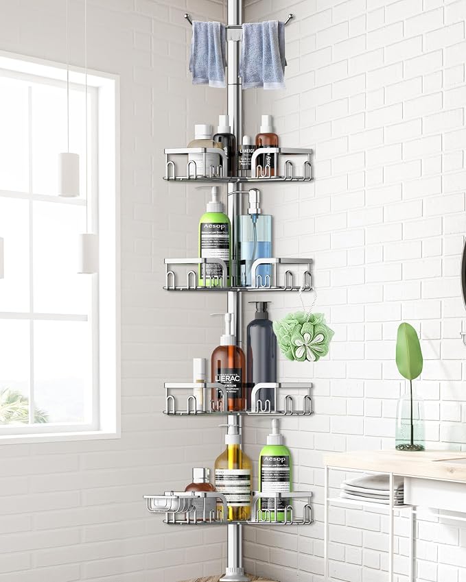 Corner Shower Caddy Tension Pole 4 Tier Adjustable Stainless Steel Shower Shelf for Inside Shower Bathtub Shampoo,Standing Bathroom Organizer Shelves with 39 to 113 inch Height by Clothink