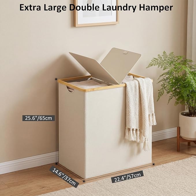 efluky Laundry Hamper with Lid, Double Laundry Hamper with 2 Removable Bags, 2 Section Laundry Basket with Bamboo Handles for Bathroom, Bedroom & Laundry Room, 140L (36.9 Gallon) Beige - Image 2
