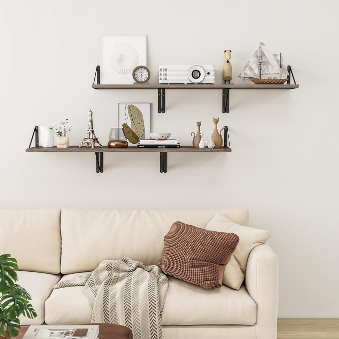 Heimlove Deep Floating Shelves for Wall, 12 Inch Deep Floating Shelves Set of 3, 16W x 12D Wood Wall Shelves, Wide Wood Shelves with Metal Bracket for Living Room, Kitchen, Office, Bedroom - Grey - Image 6