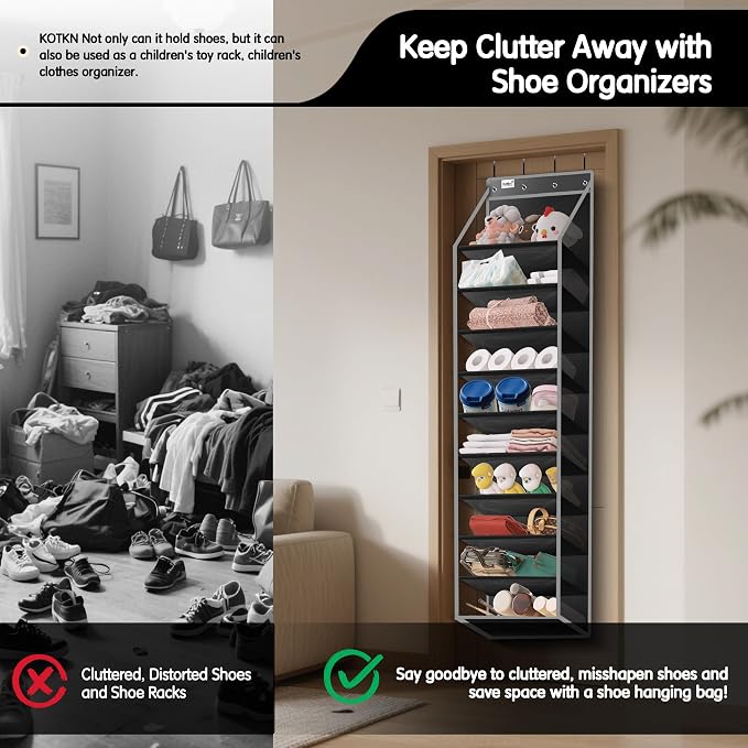 Kotkn 10 Tier Over The Door Organizer - Heavy Duty Hanging Storage Rack with Sturdy Oxford Fabric, Holds 20+ Pairs of Footwear, Boots & Sneakers, Saves 50% Closet Space (Black) - Image 6