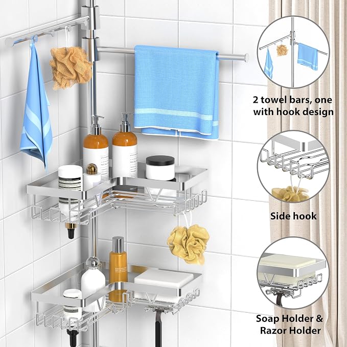 KEGII Shower Caddy Tension Pole with 2 Towel Bars, Adjustable Corner Bathroom Organizer, Rustproof Bathtub Storage Shelves for Shampoo, 25–114.2 Inch Shower Rack for Renters & Family, Silver - Image 3