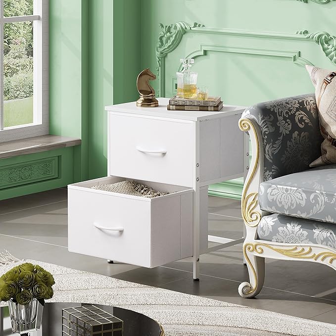 WLIVE White Night Stand, Small Dresser with 2 Drawers & Wooden Top, Nightstand with Fabric Bins, Bedside Table End Table for Bedroom, Closet, Entryway, College Dorm, White