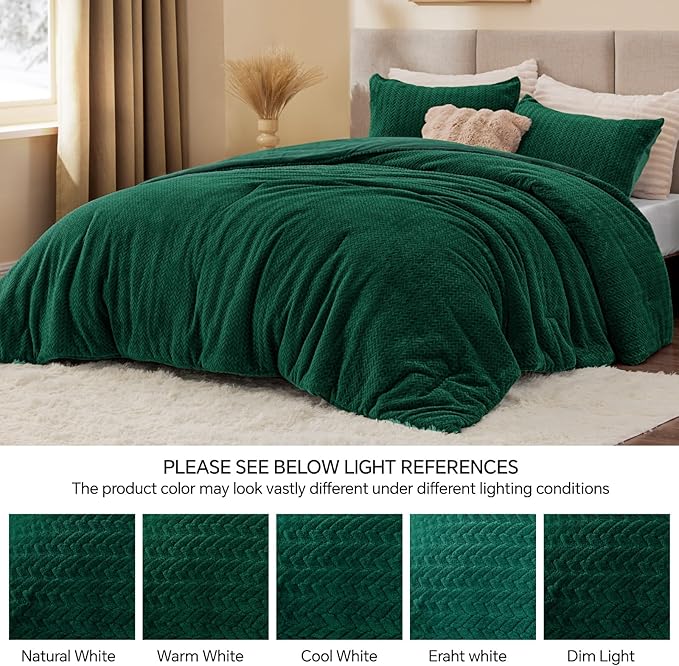 Flannel Fleece Comforter King Set - Furry Green Leaves Pattern Faux Fur Bed Set, Winter Ultra Soft Fuzzy Comfort Set, Velvet Bedding Set for Bed with 2 Pillow Cases
