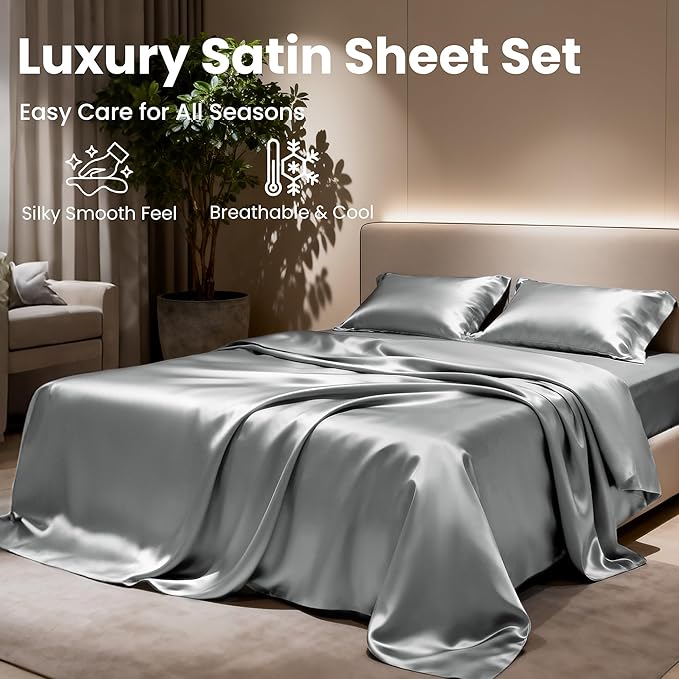 Love's cabin Full Size Satin Sheet Sets - 4 Piece Dark Grey Silky Sheet with Deep Pocket, Luxury Silk Feel Satin Bed Sheets Full Bedding Set (1 Flat Sheet,1 Fitted Sheet,2 Pillow Cases)